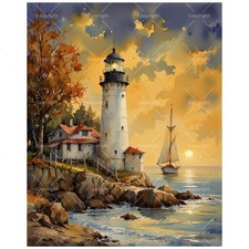 Sunset Sailing Paint by Numbers Kit for Adults - DIY Lighthouse and Sailboat ...