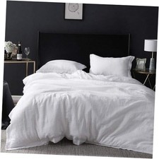 100 Linen Duvet Cover Set with Embroidery Border Washed - 3 Queen White