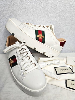 Gucci Ace Platform Web Stripe Bee Embroidered White Leather Low Top Sneaker &box