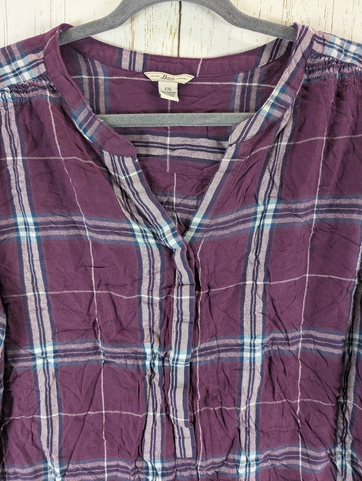 Top Bass talla grande XXL para mujer púrpura a cuadros manga larga botón cuello en V Foto 3 de 4