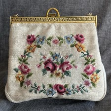 Vintage 1930s Petit Point Needlepoint Floral Purse Handbag With Metal Strap