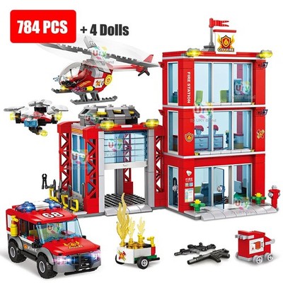 City Feuerwehrstation Set Leiterwagen Hubschrauber Boot MOC Bausteine
