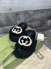 Gucci Slides Interlocking GG Wool Black 646225 Women's Sandals Size 37/ US 7W