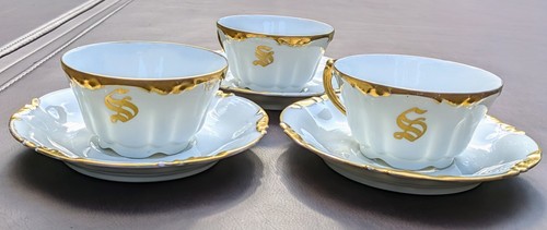Gold on White 3 Cups & 3 Saucers Early 1900's J.P.L France "S" Monogram Mint Co - Picture 5 of 24