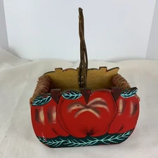 Folk Art Vintage Hand Painted Wood Woven Rope Apple Basket Branch Handle Rare