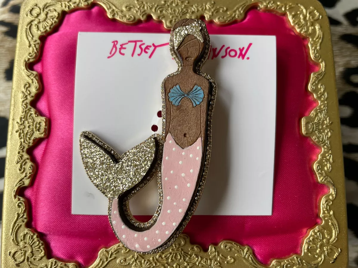 Betsey Johnson Woody Critters Wood Mermaid Glitter Tail Pin Brooch