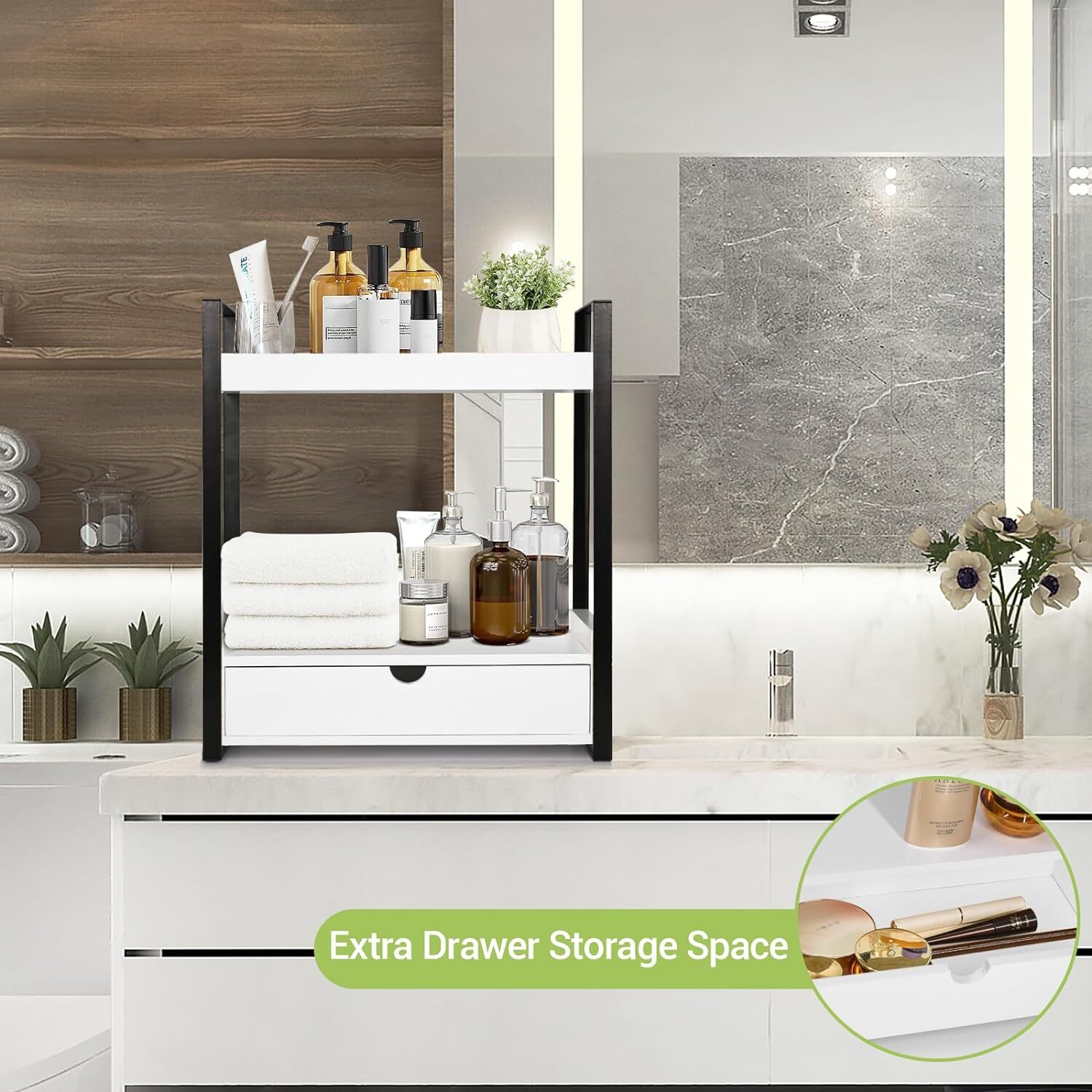 2-Tier Bathroom Organizer Countertop with Drawer, Wood Counter Shelf ...