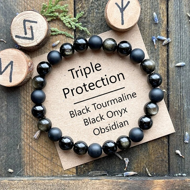 Triple Protection Black Onyx Tourmaline Gold Obsidian 6MM Beads