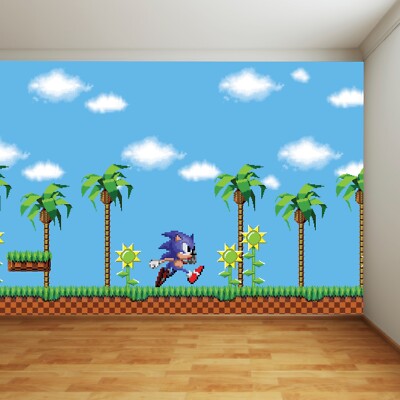Sonic The Hedgehog Full Wall Mural - Pixel Sonic Running Through Game World Wall