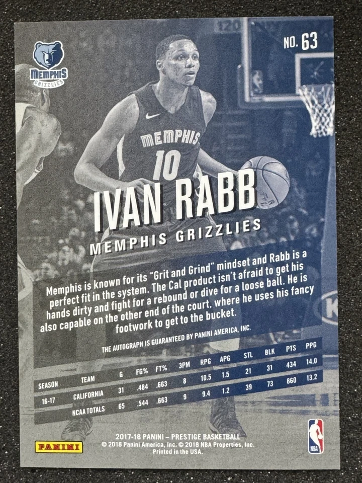 2017-18 Prestige BONUS SHOTS SIGNATURES Ivan Rabb RC #63 Memphis Grizzlies - Image 2 of 2