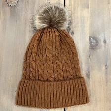 Brown Cable Knit Beanie Pom Pom Winter Women  s Hat