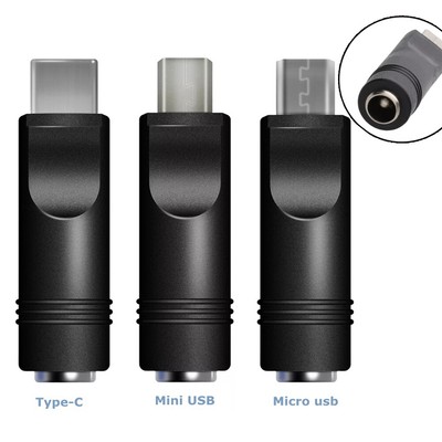 YJ80615 Jack Socket Power Adapters Plug Mini-USB USB-C to DC 2.1mm Black e