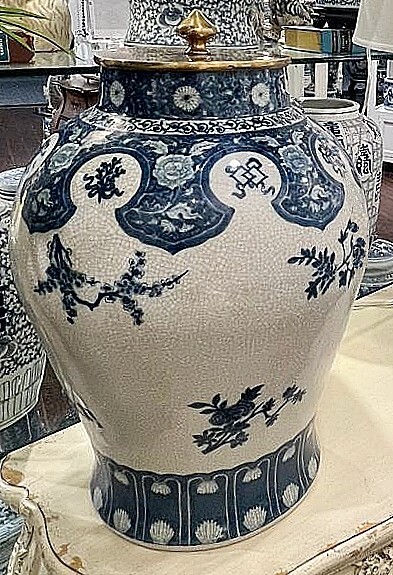 Blue and White Bulb Chinoiserie Jar with Bronze Lid 24-Inch
