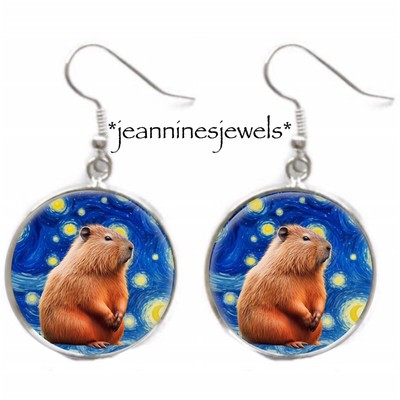 Capybara EARRINGS Van Gogh Starry Night Art Silver Charm Dangle Earrings