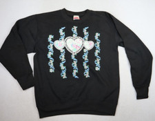 VINTAGE WOMEN'S BLACK PULLOVER SWEATSHIRT - NUTMEG - SIZE L - HEARTS FLOWERS