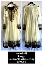 Large, Women's Indian Dress, Anarkali, Cream/Black Netting