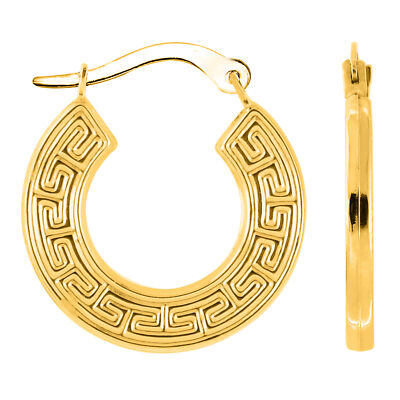 10K Yellow Gold Greek Key Pattern Round Hoop Earrings