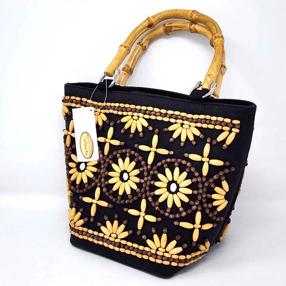 BOLSO DE MANO TALBOTS Negro Lino MADERA CUENTAS Patrón Floral con ASAS DE BAMBÚ Nuevo Foto 4 de 4