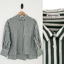 Reformation Women's Size 0 Green White Multi Cotton Stripe Boyfriend Boxy Shirt