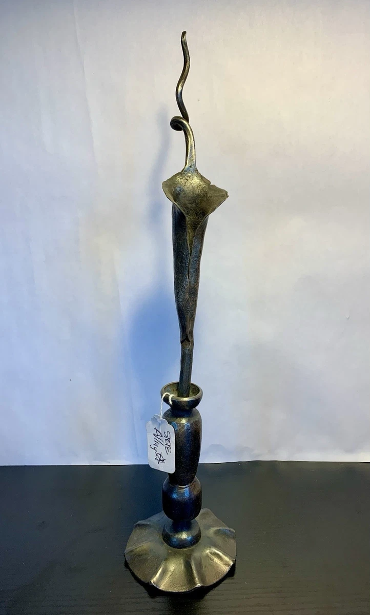 Brutalist Mid Century Style Wrought Iron Statue Calla Lily With Vase 16.5”