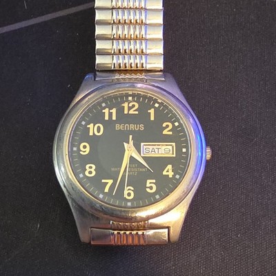 Benrus Advance Quartz Analog Watch Black Dial Arabic Numerals Day/Date Two-Tone