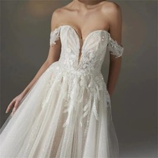 Beaded Lace Wedding Dresses with Off-the-Shoulder Sleeves A Line Bridal Gowns