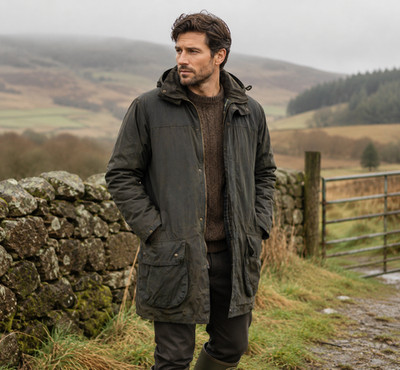 Barbour Border Wachsjacke Herren C46 XL grün Kapuze Tartan gefüttert Country Coat
