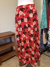 Sag Harbor Red Floral Pleated Rayon Long A-Line Skirt Button Front Size S