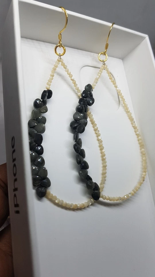 Occhio di gatto e perle pietra preziosa argento sterling 925 orecchino... - Immagine 2 di 4