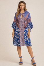 UMGEE Midi Dress Sz S Blue Mixed Print Butterfly Sleeve Boho Summer Colorful