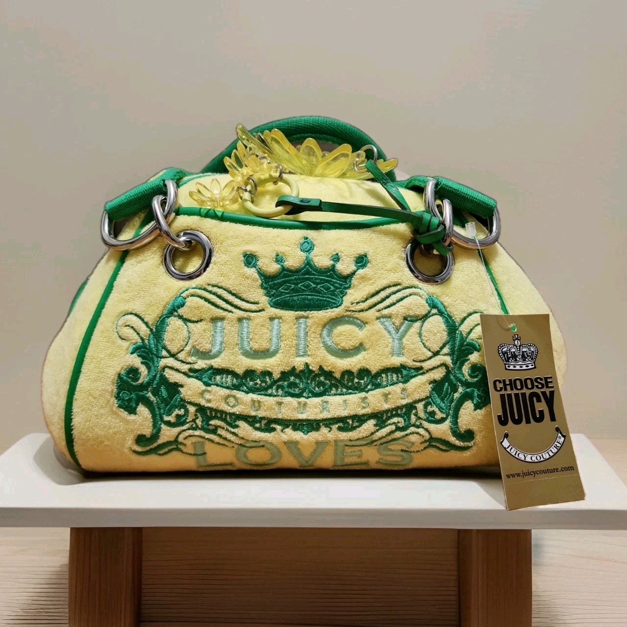ENVIAR OFERTAS Y2K Juicy Couture Verde Amarillo Terciopelo Bowler Bolso Terciopelo 2002