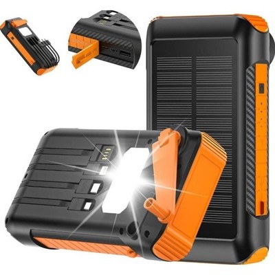 Solar Power Bank 20000mAh Orange Built in Hand Crank 4 Cables 22.5W Fast Charge