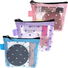 3Pcs Mini Cosmetic Bags, Heart Print Mesh Zipper Bags, Lipstick Accessories Orga