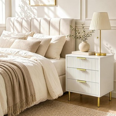24'' Tall White Gold Nightstand, Ribbed Bedside Table, 3 Drawer Small Dresser