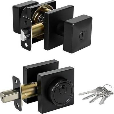 Heavy Duty Square Door Knob with Deadbolt,Front Door Lock Set- Matte Black