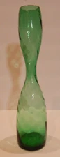 Hand Blown Green Glass Bud Vase Hourglass Shape w/ Twisted Ribbed Texture - 10"