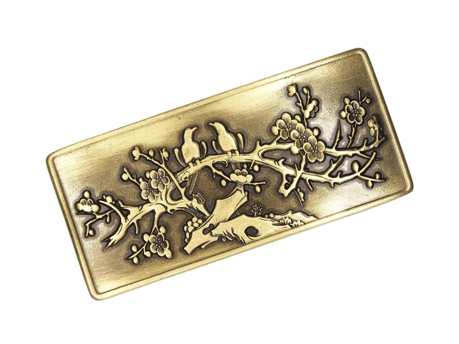 3D solid brass rectangular bird plum blossom belt… - image 1
