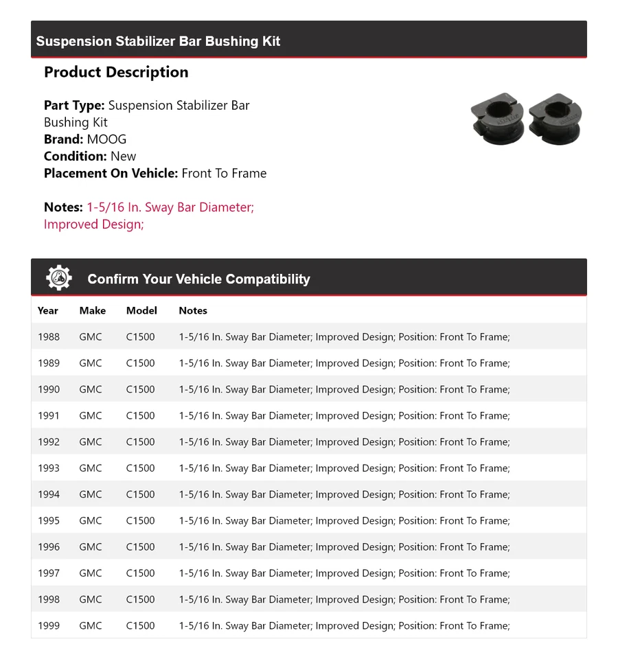 Kit de buje de barra estabilizadora de suspensión para GMC C1500 1988-1999 MOOG 1988 1989 Foto 2 de 4