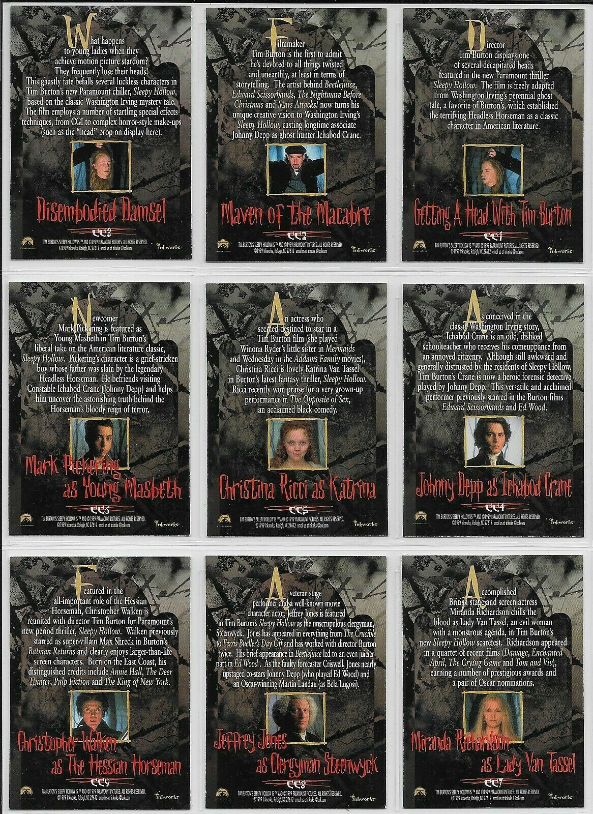 TIM BURTON'S SLEEPY HOLLOW CHASE TRADING CARDS PICK ONE YOU NEED INKWORKS 1999 - Picture 2 of 6