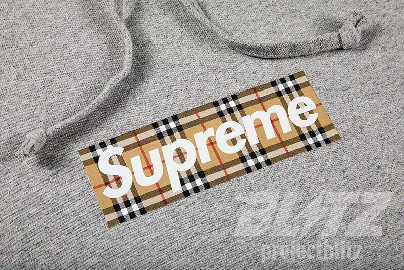 SUPREME X BURBERRY BOX LOGO HOODED SWEATSHIRT HEATHER GREY M L 2XL SS22  HOODIE