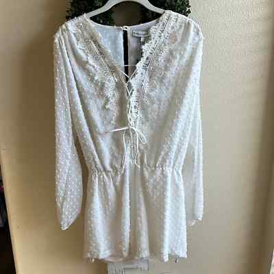 NEW Karina Grimaldi Abigail White Lace Swiss Dot Long Sleeve Romper Size Small