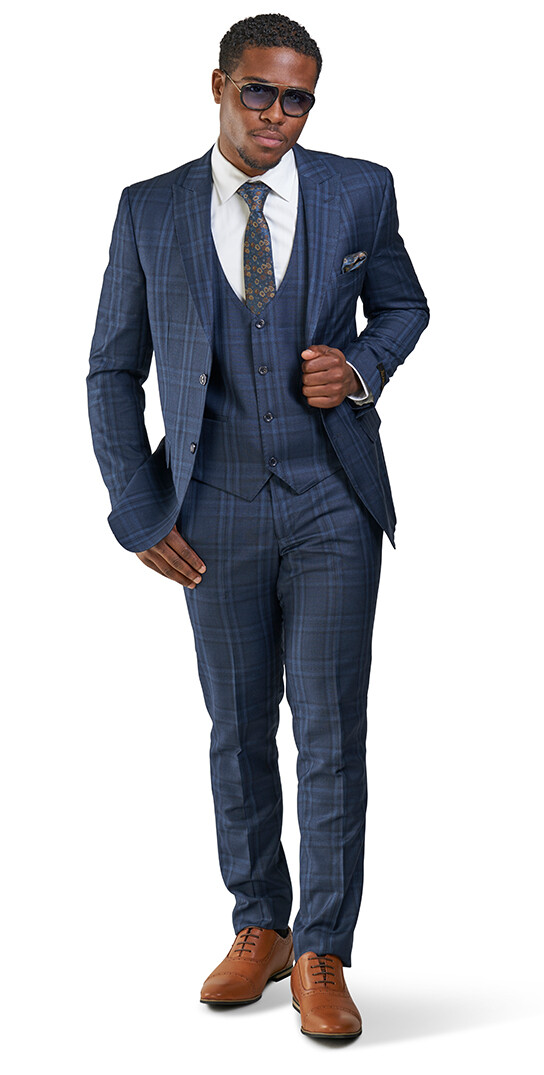 Slim Fit Button Piece Vested Mens Suit Navy Blue Windowpane 35071  AZARMAN