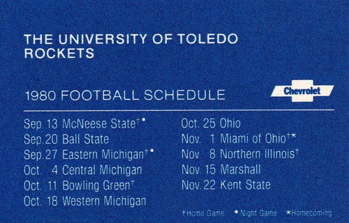 1980 UNIVERSITY OF TOLEDO ROCKETS FOOTBALL POCKET SCHEDULE - CHEVROLET ...