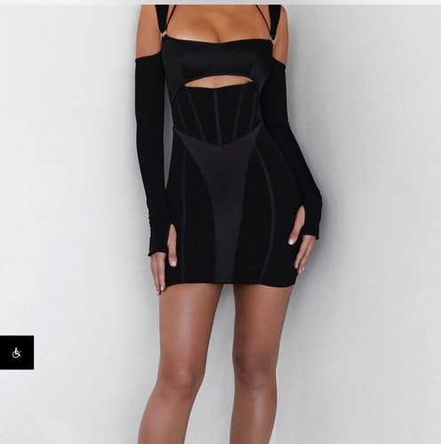 Mini Vestido para Mujer Mistress Rocks Negro Hombro Descubierto Manga Larga Talla S