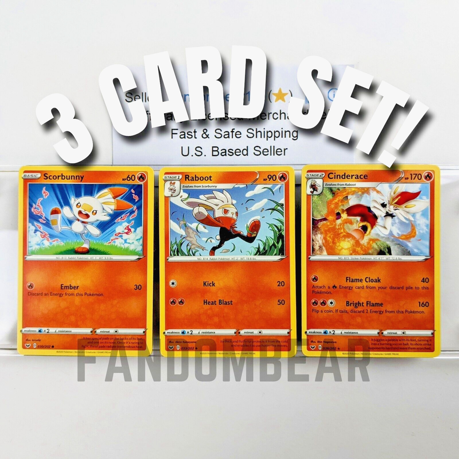 SCORBUNNY RABOOT CINDERACE 3 CARD EVOLUTION SET 2020 Sword & Shield Base Pokemon