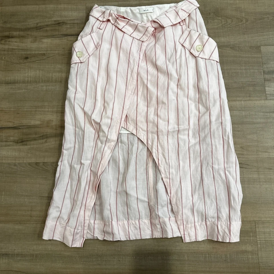 ALC Women's Avril Paperbag Waist Skirt Size 2 Pink Striped Linen Blend - Image 2 of 4