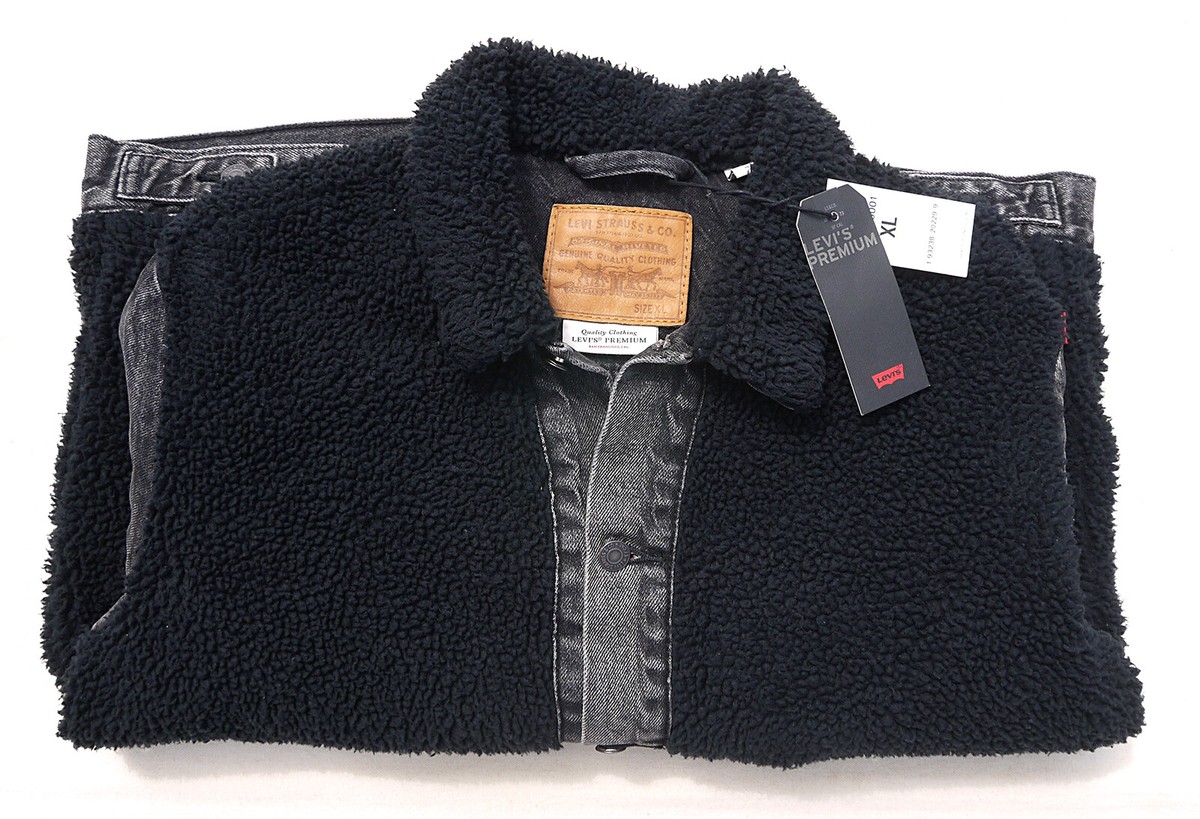 LEVIS Premium Sherpa Panel Trucker Faux Fur Rare Jacket Black  