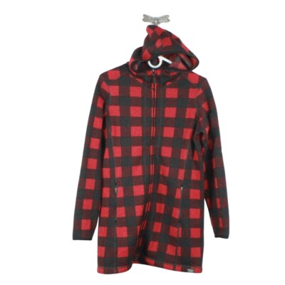 LL Bean Women's Sweater Fleece Hooded Coat Buffalo Plaid Garnet Print Red  Medium