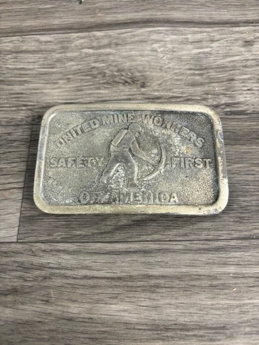 VINTAGE COAL MINERS SAFETY AWARD BELT BUCKLE UNITED MINE WORKERS SAFETY FIRST