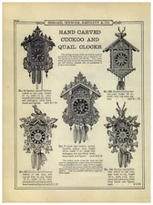 1899 PAPER AD 3 PG Hand Carved Cuckoo and Quail Clock German Made Trumpeter Dog